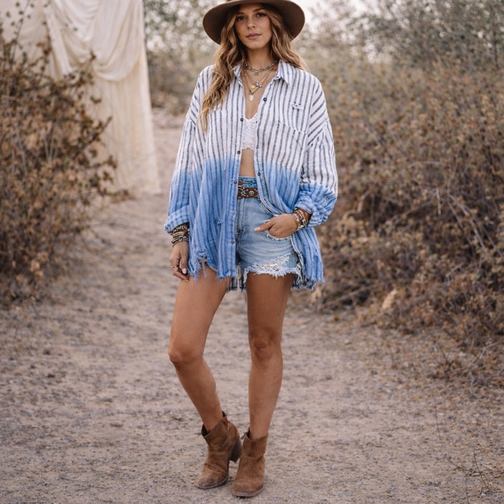 White Birch Blue Ombre Striped Distressed Button Up Shirt M Boho Coastal NWT